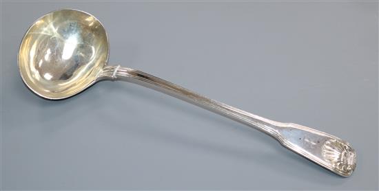 An early Victorian silver fiddle, thread and shell pattern soup ladle by Elizabeth Eaton, London, 1846, 9 oz.